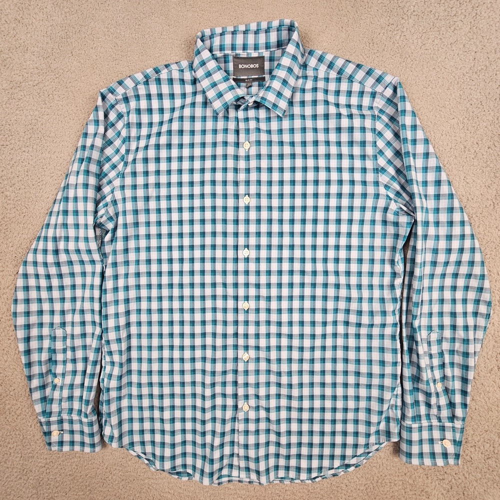 Bonobos Slim Fit‎ Men's L Button Up Shirt Blue Green Plaid Nylon Spandex Stretch